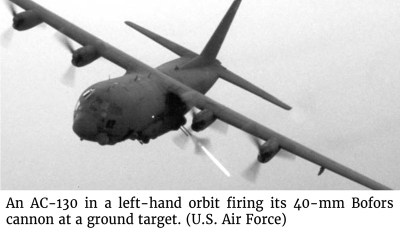 Photo of a An AC-130 in a left-hand orbit firing its 40-mm Bofors cannon at a ground target. (U.S. Air Force)